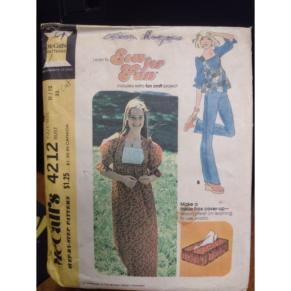 Vintage McCall's Pattern 4212 Yng Junior/Teen Dress or Top Size 11/12 (1974)